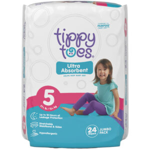 Tippy Toes Size 5 (27+ lb) Ultra Absorbent Diapers Jumbo Pack 24 ea