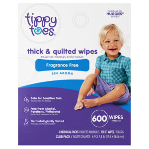 Tippy Toes Thick & Quilted Fragrance Free Wipes Club Pack 6 - 100 Wipe Packs